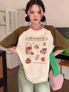 Deeptown Harajuku Kawaii גרפי חולצות נשים וינטאג 'טלאים מנופחים שרוול קצר Tees גראנג' מזדמן Y2K לכל היותר אסתטי