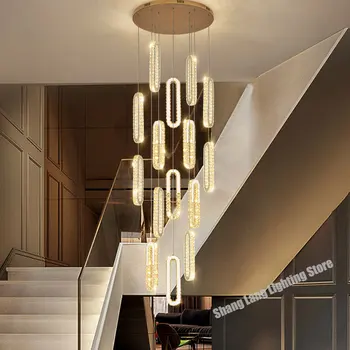 מודרני טבעות LED קריסטל נברשת עבור מדרגות סלון יוקרה קריסטל זמן גופי תאורה זהב מקורה תלויות מנורות