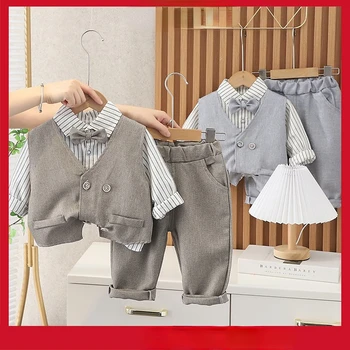 1-4 שנים הפעוט הטבלה הבגדים עבור התינוק ילדים פסים שרוול ארוך חולצת פולו בנים כפול עם חזה ג ' נטלמן חליפה