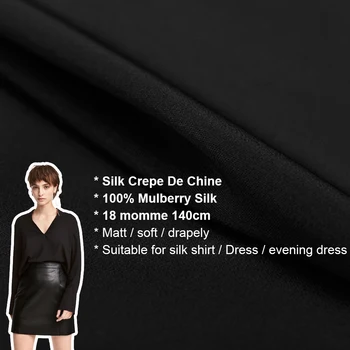 100% משי קרפ דה CHINE 140cm רוחב 18momme טבעי שמלת משי בד קרפ דה chine משי לחתונה בד שחור אין 03