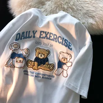 2022 כותנה טהורה ההגירה רטרו תרגיל דוב גרפי חולצות Kawaii Tees עבור בני נוער אביזרי הים הלבן מקסימום בקיץ גדולות 3XL Harajuku