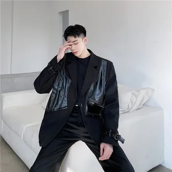 2022 סתיו סגנון קוריאני ייחודי תפרים PU עיצוב החליפה גברים מזדמנים חופשי חליפה שחורה לגברים M-XXL