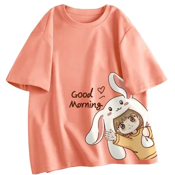 2022 שרוול קצר קריקטורה בוקר טוב באני ילדה מקסימום בקיץ כותנה חולצת חתול סדרה ליים לשתות Harajuku אופנה Tees נקבה