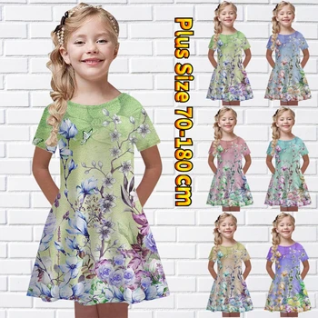 2023 בנות קיץ הדפסת 3D שמלות ילדים במסיבת בנות עם שרוול קצר חצאית שמלת נסיכה טנק 3D הדפסה יפה צבעוני חמוד להתלבש
