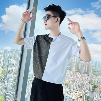 2023 בסדר אופנה של גברים מקרית קוריאני גרסה תפירה כל מה נאה חברתית הבחור זכר גאות צוואר עגול שרוול קצר חולצה