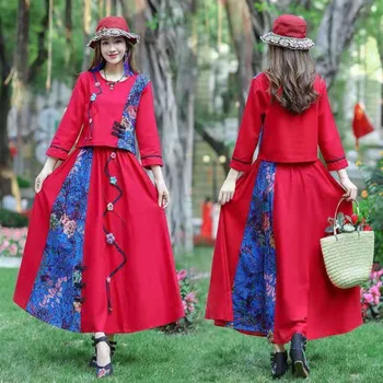 2023 האביב קיץ של נשים שמלת להגדיר סיני אתני נקבה שמלת וינטג הדפסה החדרת לבצע ריקוד שמלות