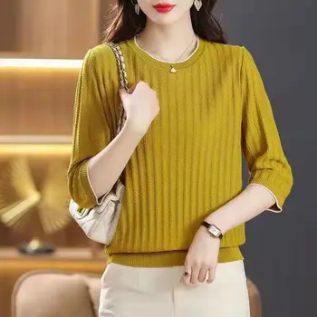 2023 חדש באביב קיץ 3/4 שרוול רופף או הצוואר סוודר משרד ליידי סגנון קוריאני צבע מוצק אופנה מזדמן חולצות לנשים