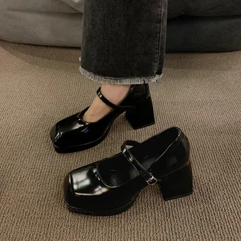 2023 נשים משאבות מזדמנים נעלי ג ' יין מארי אופנה אלגנטי צבעים אחידים נשים נעלי יחיד רצועת מסיבת פלטפורמת עקבים עבים