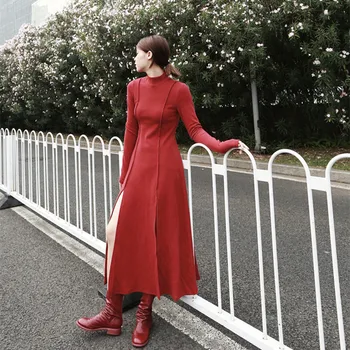 2023 סתיו חדש שמלה ארוכה שסף סריגה כותנה מוצקים מלאה אמצע עגל O-צוואר משרד ליידי שמלה אירו-אמריקה סטייל