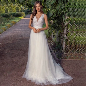 2023 פשוטה V-צוואר אשליה אפליקציות תחרה לחצן קו שמלת החתונה שמלת כלה Vestido De Noiva