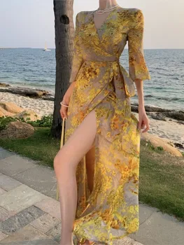 2023 קיץ נשים צהוב בסגנון צרפתי פרחוני הדפסה לעטוף ארוך שמלת וינטג ' חג אלגנטי שמלת ערב vestidos דה ערב טוב