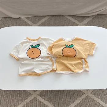2023 קיץ, תינוק חדש שרוול קצר בגדי להגדיר תינוק חמוד פירות להדפיס חולצות + מכנסיים קצרים 2pcs חליפת ילד ילדה כותנה בייבי תלבושות