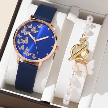 2pcs/set נשים שעונים גבירותיי אופנה שעון חדש מזדמן פשוט נשים אנלוגי שעון יד צמיד מתנה (ללא קופסה)