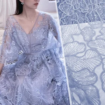 2YardsX 128cm חדש תחרה בד רשת נצנצים בד רקומים שמלת כלה יפנית וקוריאנית בד השמלה