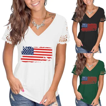 4 ביולי פטריוטי קישוטי אופנה מקסימום יום העצמאות הקיץ V-צוואר תחרה שרוול הדגל האמריקאי מזדמן חולצת הטריקו לנשים