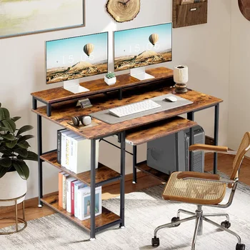 47 אינץ ' שולחן מחשב , משרד ביתי שולחן עם מדפים ו-CPU עומדים, ללמוד כתיבה שולחן עבור המשרד הביתי, בציר חום