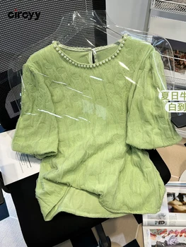 Circyy נשים Tshirts הקיץ מוצק פאף שרוול קצר פרל O-צוואר מתוק ירוק העליון 2022 אופנה Harajuku ביגוד אופנתי בד רשת