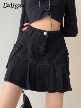 Darlingaga אופנת רחוב מטען סגנון שחור גבוה מותן חצאית ג ' ינס מיני מוצק כיסים מזדמן קפלים החצאית נשים גותי קוריאנית תלבושות