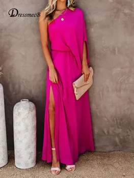 Dressmecb כתף אחת שמלת הקיץ נשים בגדים גבוהה פיצול בתוספת גודל Maxi שמלות ארוכות חופשי מזדמן Vestidos 2021