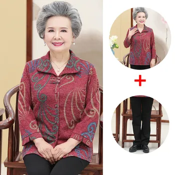 Fdfklak בגיל העמידה, קשישים אמא תלבושות האביב הסתיו 60-80 שנים סבתא מכנסי חליפה שרוול ארוך שתי ערכות קטע נשים 5XL