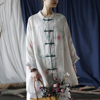 Johnature נשים רמי בסגנון סיני חולצות הדפס פרחוני לעמוד חולצות שרוול ארוכות 2023 סתיו לחצן ' חדש ' נשים משוחררות Vintage חולצות