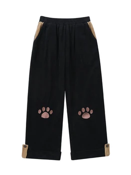 Kawaii נערה חתול כף הרגל רחב הרגל המכנסיים יפני מתוק ילדה רעה סגנון קורדרוי גבוהה המותניים לוליטה רקמה חמוד מכנסיים לוליטה Y2k