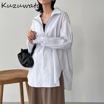 Kuzuwata 2023 בתחילת הסתיו החדש חולצה יפנית עצלן בסגנון החולצה פשוט לעמוד צווארון רוכסן ארוך שרוול רופף פיצול Mujer Blusa