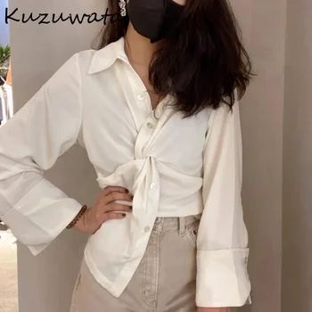 Kuzuwata 2023 עיצוב חדש Blusas מוצק דש עם שרוולים ארוכים אחת עם חזה קרוס-קשר חולצות יפנית משרד ליידי נשים החולצה
