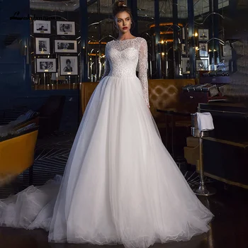 Lakshmigown קו-שמלת כלה עם שרוול ארוך יוקרה חרוזים תחרה, אפליקציות סקסיות טול נסיכה שמלות כלה Vestido De Noiva