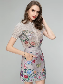 MoaaYina מעצב אופנה חליפת קיץ נשים O-צוואר פנס שרוול תחרה חרוזים פרח הדפסה+חצאית סט 2 חלקים