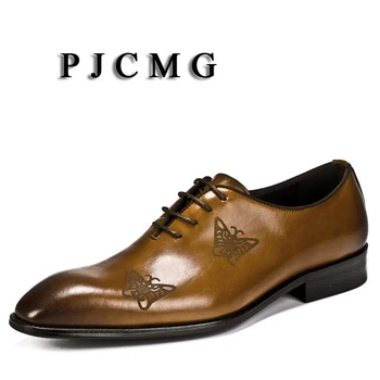 PJCMG אופנה חדשה נוח עבודת יד עור אמיתית שרוכים מחודד בוהן מגולף אוקספורד לבוש עסקי מזדמן גברים נעליים