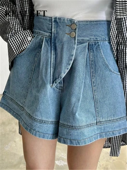 REALEFT אביב קיץ כפתורים אופנתיים לנשים מכנסי ג 'ינס קצרים 2023 חדש גבוהה המותניים ג' ינס מקרית ישר קו Trourses נקבה