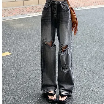 S-5XL ג ' ינס נשים קרע בציר רחב הרגל אופנת רחוב חור כל-התאמה גבוהה המותניים מכנסיים פשוטים שיק שק Ulzzang מזדמנים הפופולריים