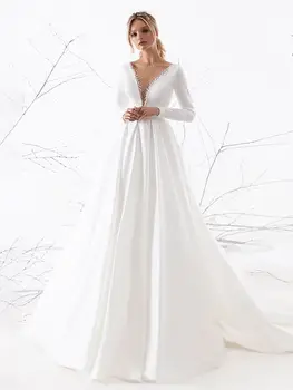SwanSarah מדהים V-צוואר חרוזים חתונה שמלת שרוול ארוך קו סאטן כלה שמלת 2021 הנסיכה UZ54 בתוספת גודל Vestido De נוביה