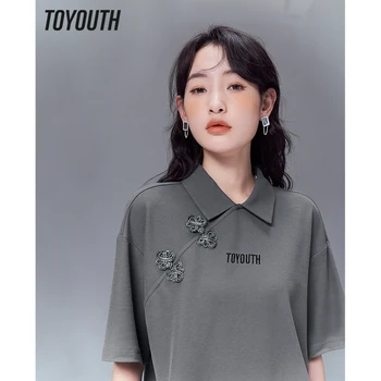 Toyouth נשים חולצה 2023 הקיץ פולו שרוול קצר צוואר קצר Tees סיני Cheongsam עיצוב וינטג ' מזדמן אופנת רחוב צמרות