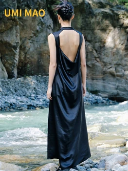 UMI מאו כהה ללא משענת חלול שמלת סאטן אלגנטי נשים קיץ בסגנון סיני חוש עיצוב רטרו שיפור Cheongsam חצאית