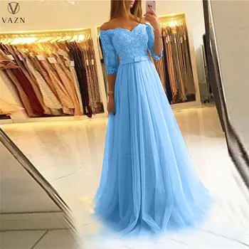 VAZN 2022 אופנה נשים חדשה גבוהה סגנון רחוב ארוך שמלה חצי שרוול כרטיס כתף שמלת תחרה באורך רצפת שמלה