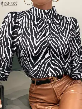 ZANZEA אופנה זברה דפוס חולצות נשים אלגנטי לעמוד צווארון שרוול ארוך מסיבת Blusas 2023 אביב במשרד ללבוש קפלים, חולצות