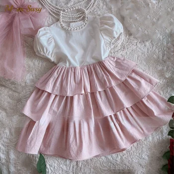 אופנה ילדה נסיכה כותנה שכבות השמלה תינוק פעוט, ילד קצר פאף שרוול בציר Vestido קיץ בגדי תינוקות 1-5Y