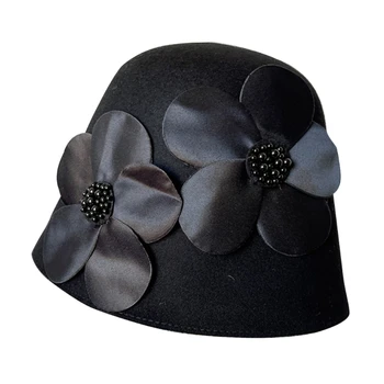 אופנה שחור גדול פרח דייג הכובע כל-התאמה צמר הרגיש דלי כובע חורף בחוץ ספורט לסקי רכיבה על דיג