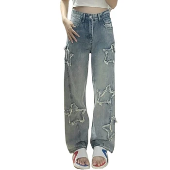 אופנת רחוב כחול מחומש גבוהה המותניים ג 'ינס Y2k קוריאני סגנון היפ הופ, ישר החבר 'ינס ג' ינס לנשים, מכנסיים