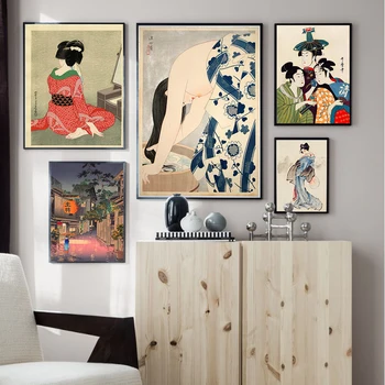 אמנות קיר גיישה יפנית Tsuchiya קטן חמש מודולרי נורדי בד פוסטר הביתה בציר מזרחי הדפסת אמנות ציור התמונה.