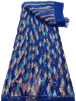 אפריקה צבע חוסם פאייטים יהלום מרובע צינור חרוז רקמה, תחרה, ניגריה אופנה שמלת מסיבת מעצב בד 5 מטר