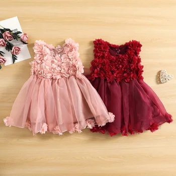 בייבי בנות קיץ שמלה ללא שרוולים בצבע מלא 3D פרח קישוט רשת טול שמלה ילדים בגדי נסיכה קו-שמלה