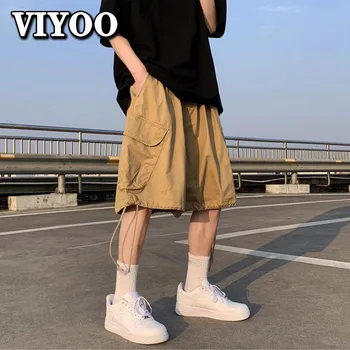 גברים Y2K בגדי הקיץ מטען רחב רגליים מכנסיים רופפים. מנופחים חמש-חלק ישר רגליים הבטן סגנון קוריאני 2023
