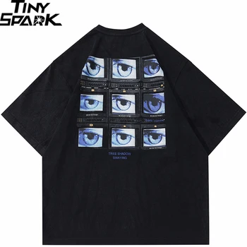 גברים אופנת רחוב היפ הופ מנופחים חולצה העיניים גרפי עדכני 2023 חולצת קיץ Loose חולצת טי מכותנה Harajuku חולצות Tees שחור