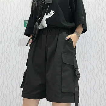 גותי שחור מטען נשים מכנסיים קצרים בקיץ אופנת רחוב זוג רגליים רחבים קצרים אישה Harajuku כיסים גדולים הברך אורך המכנסיים 4Xl