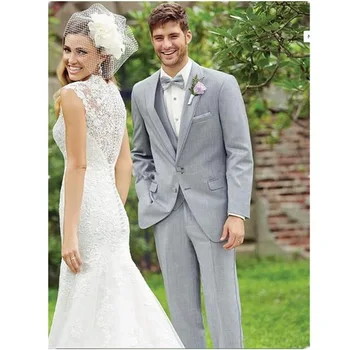 האחרון מעיל מכנסיים עיצוב אנשי עסקים אפור בהיר חליפות חתן חליפות האנשים הטובים ביותר חתונה /נשף חליפות (ז ' קט+מכנסיים+אפוד+עניבה)