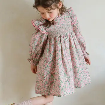 הבחורה החדשה הדפס השמלה קוריאה סגנון רקמה שרוול ארוך שמלת מסיבת ילדים בגדי ילדים הנסיכה כותנה שמלה Wz1039