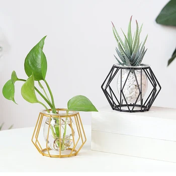 הידרופוני צמח פרח ברזל קו אגרטל נורדי הזהב אגרטל זכוכית צמח בעל גידול גיאומטרי עיצוב הבית המודרני אגרטל מתכת